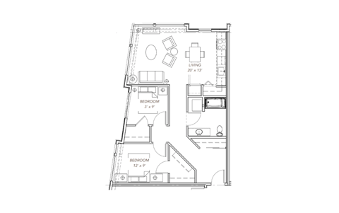 ground level floor plan of a house with a bedroom and a living room